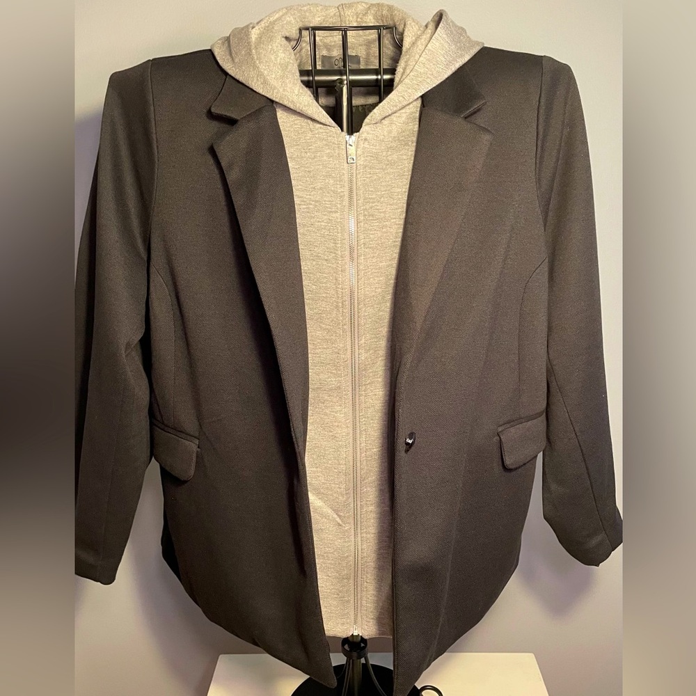 Size 2X fully lined, black knit blazer with faux grey zip hoodie attached